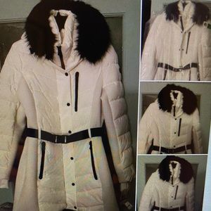 Michael Kors white knee high coat faux fur neck